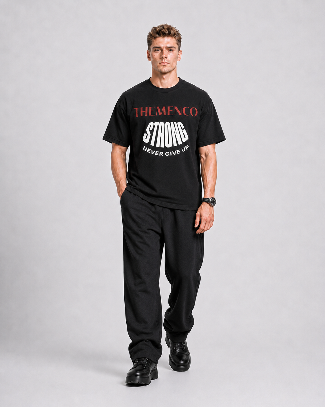 THEMENCO Strong Men's Graphic Black T-Shirt