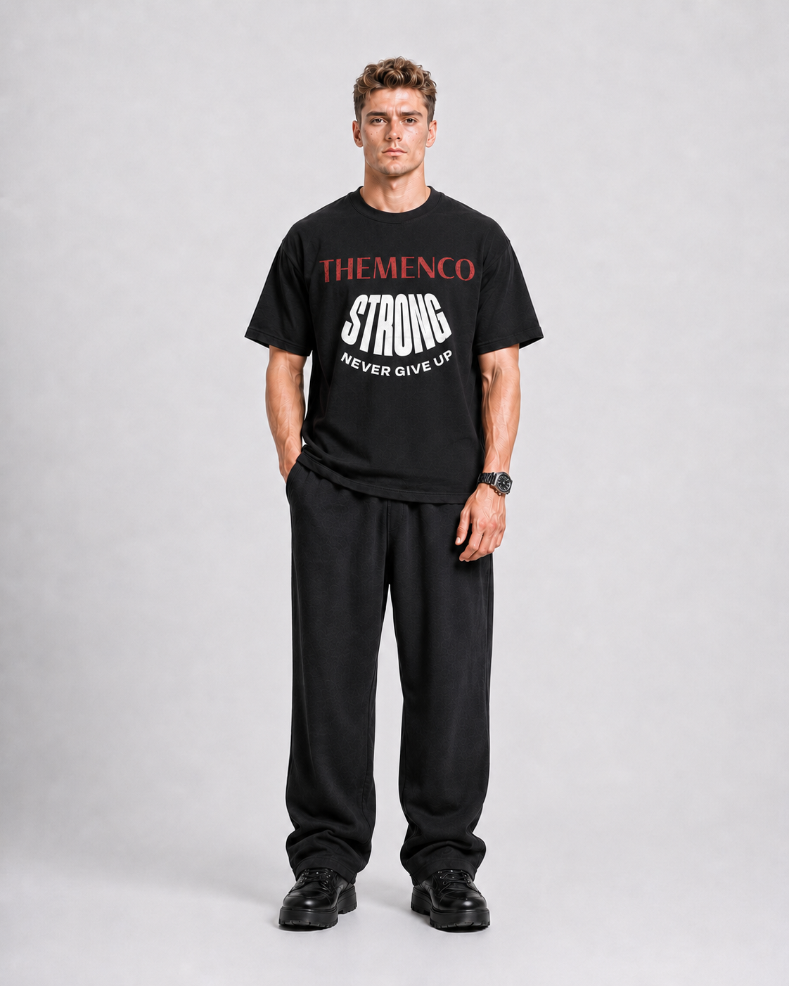 THEMENCO Strong Men's Graphic Black T-Shirt